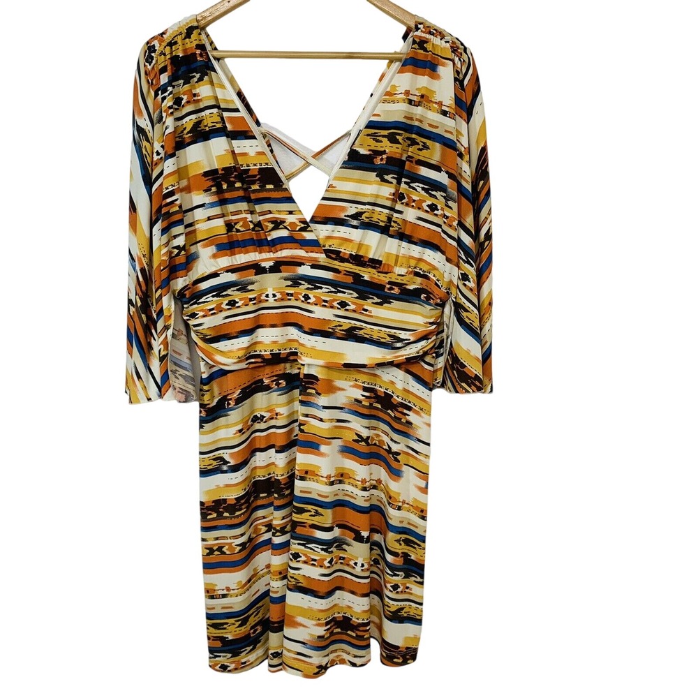 Dots Aztec Geometric Print V-Neck Mini Dress XL Boho Southwest Kimono Sleeve